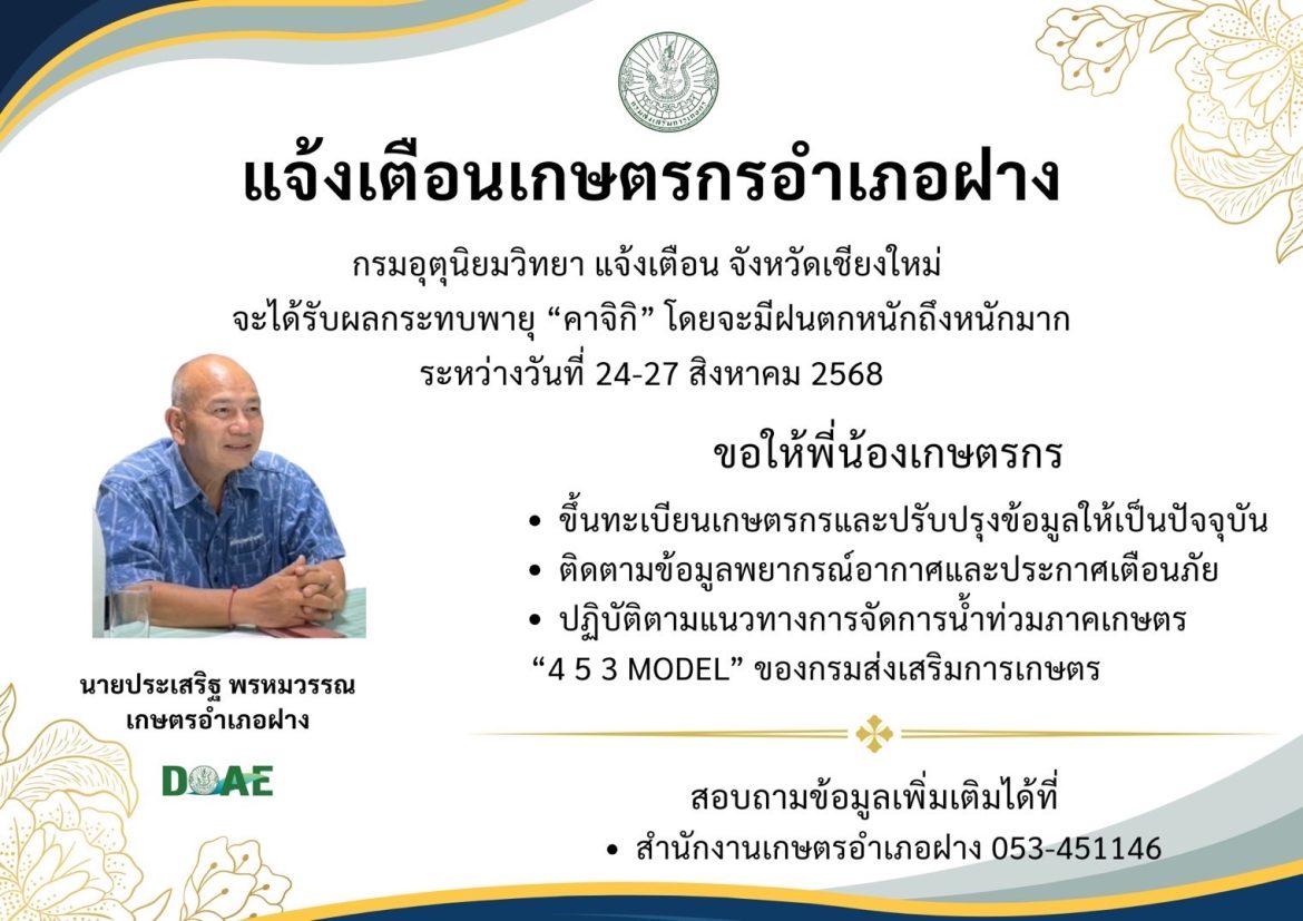 สำนักงานเกษตรอำเภอฝาง แจ้งเตือนเกษตรกรเตรียมรับผลกระทบจากพายุ “คาจิกิ”